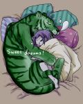  1girl ahiru621 alternate_form beast_boy_(dc) blanket dc_comics grey_skin purple_hair raven_(dc) sleeping teen_titans tiger 