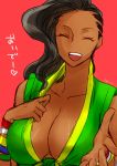  1girl asymmetrical_hair black_hair breasts capcom cleavage closed_eyes cornrows dark_skin frogcage front-tie_top large_breasts laura_matsuda long_hair open_mouth smile solo street_fighter street_fighter_v upper_body 