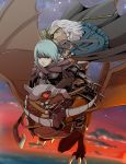  1boy 1girl armor belka_(fire_emblem_if) blue_hair bow_(weapon) breasts cloak dragon eyepatch fire_emblem fire_emblem_if gauntlets grey_eyes grey_hair headband short_hair smile weapon zero_(fire_emblem_if) 