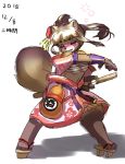  1girl artist_request blush breasts brown_hair closed_eyes female full_body furry japanese_clothes long_hair open_mouth ponytail raccoon sandals solo sword twintails white_background 