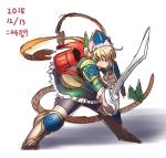  1girl armor artist_request blonde_hair boots dress female full_body furry green_eyes hat open_mouth rat short_hair solo sword weapon white_background 