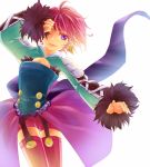  1girl boots breasts cleavage earrings frills fur harold_berselius jewelry lips one_eye_closed pink_hair short_hair tales_of_(series) tales_of_destiny_2 thigh_boots violet_eyes 
