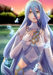  1girl aqua_(fire_emblem_if) artist_request blue_hair breasts dancer female fire_emblem fire_emblem_if long_hair looking_at_viewer nintendo smile solo water yellow_eyes 