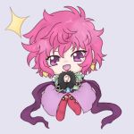  1girl boots breasts chibi earrings frills fur harold_berselius jewelry lipstick makeup open_mouth pink_hair short_hair shorts sparkle tales_of_(series) tales_of_destiny_2 thigh_boots violet_eyes 
