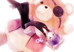  1boy arms_up bags_under_eyes bow bowtie collarbone diabolik_lovers eyepatch flower legs_crossed looking_at_viewer male_focus open_mouth oversized_object purple_hair raised_eyebrows sakamaki_kanato solo stuffed_animal stuffed_toy sweater teddy_(diabolik_lovers) teddy_bear unbuttoned violet_eyes white_background 