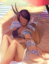  2girls bikini breasts cleavage cyclonus dark_skin erect_nipples food genderswap glasses ice_cream lipstick makeup multiple_girls nail_polish personification purple_hair purple_lipstick red_eyes sleeping small_breasts swimsuit tailgate transformers white_hair 