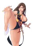  1girl alternate_costume alternate_hairstyle black_dress black_panties breasts brown_hair capcom china_dress chinese_clothes chun-li cleavage dress fighting_stance leg_up nail_polish panties solo spiked_bracelet street_fighter street_fighter_v talez underwear 