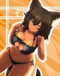  1girl animal_ears bangs black_bra black_hair black_panties blush bra breasts cat_ears cat_keyhole_bra cat_lingerie cat_tail cleavage cleavage_cutout collarbone curvy dark_skin dutch_angle gluteal_fold highres large_breasts leaning_forward long_hair looking_at_viewer navel original panties pekoneko side-tie_panties solo standing sweatdrop tail underwear wide_hips yellow_eyes 