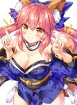  1girl animal_ears blue_ribbon bow breasts cleavage detached_sleeves fate/extra fate/grand_order fate_(series) fox_ears fox_shadow_puppet fox_tail hair_ribbon japanese_clothes large_breasts looking_at_viewer pink_hair ribbon simple_background smile solo tail tamamo_(fate)_(all) tamamo_no_mae_(fate) tatara_maguro white_background yellow_eyes 