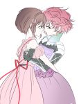  2girls bare_shoulders breasts brown_hair dress earrings frills fur hair_ornament harold_berselius jewelry lips lipstick makeup multiple_girls pink_hair reala short_hair tales_of_(series) tales_of_destiny_2 violet_eyes 