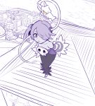  1girl aliun bare_shoulders city detached_sleeves hair_over_one_eye leviathan_(skullgirls) monochrome outdoors scenery side_ponytail skullgirls squigly_(skullgirls) stitched_mouth stitches striped_sleeves zombie 