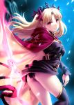  1girl ass asymmetrical_legwear asymmetrical_sleeves bangs black_dress black_legwear blonde_hair blush breasts cape closed_mouth dress ereshkigal_(fate/grand_order) fate/grand_order fate_(series) highres hips long_hair looking_at_viewer parted_bangs red_cape red_eyes red_ribbon ribbon short_dress single_sleeve single_thighhigh skull smile solo spine thigh-highs thighs tiara tohsaka_rin two_side_up weapon zen 