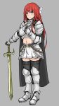  1girl armor breasts cape knight long_hair navel redhead simple_background skirt solo sword usagi1942 weapon 