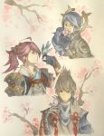  1girl 2boys armor bird blue_hair butterfly fire_emblem fire_emblem_if flower frown grey_hair multiple_boys orange_eyes outdoors ponytail red_eyes redhead sakura scar smile soranker takumi_(fire_emblem_if) tsubaki_(fire_emblem_if) violet_eyes yuugiri_(fire_emblem_if) 