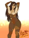  1girl agawa_ryou arms_behind_head arms_up breasts brown_eyes brown_hair cleavage curvy large_breasts long_hair looking_at_viewer parted_lips smile solo standing thick_thighs 