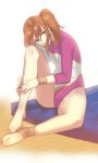  1girl barefoot brown_eyes feet female leotard orange_hair original ponytail purplevortex sitting solo sprain 