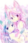  2girls aqua_hair fox furry kemoribon long_hair multiple_girls pink_eyes pink_hair twins 