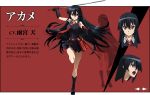  1girl akame akame_ga_kill! akame_ga_kill!_character_sheet black_hair character_sheet long_hair necktie official_art red_eyes red_necktie simple_background skirt solo sword 