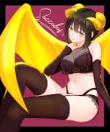  1girl absurdres bangs black_hair blush elbow_gloves fingerless_gloves garter_straps gloves heart highres horns idolmaster idolmaster_cinderella_girls jewelry midriff monotiina navel necklace short_hair smile solo takafuji_kako thigh-highs thighs wings yellow_eyes yellow_wings 