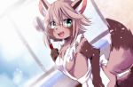  1girl aqua_eyes breasts brown_hair female furry glasses gradient gradient_background indoors kemoribon open_mouth raccoon short_hair solo 