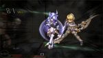  2girls animated animated_gif armor blonde_hair blue_hair breasts cyborg female fiorun handheld_game_console kos-mos multiple_girls nintendo nintendo_3ds project_x_zone_2 sword xenoblade xenosaga 