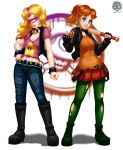  2girls alternate_costume baseball_bat blonde_hair brown_hair full_body jacket multiple_girls nintendo princess_daisy princess_peach punk revtilian spiked_belt super_mario_bros. super_mario_land 