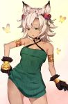  1girl animal_ears armlet armpits bare_shoulders breasts butterfly cat_ears cat_paws cleavage dark_skin feathers flower granblue_fantasy green_eyes hair_flower hair_ornament melleau open_mouth paws short_hair silver_hair simple_background solo tagme thigh-highs thighs 