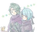  1boy 1girl armor belka_(fire_emblem_if) blue_hair blush breasts cloak fire_emblem fire_emblem_if gauntlets green_eyes green_hair headband heart scarf short_hair smile squirrel suzukaze_(fire_emblem_if) violet_eyes 