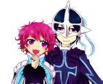  1boy 1girl black_hair blush cape earrings fur harold_berselius jacket jewelry judas_(tales) lipstick makeup mask open_mouth pink_hair short_hair tales_of_(series) tales_of_destiny_2 violet_eyes 