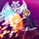  2girls blonde_hair blue_hair bow danmaku ghost hair_ornament hat korumoran mai_(touhou) multiple_girls smile touhou wings yellow_eyes yuki_(touhou) 