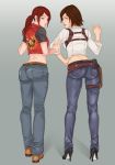  2girls ass back belt boots brown_hair claire_redfield crossover denim from_behind high_heel_boots high_heels jeans julie_kidman linart looking_at_viewer looking_back midriff multiple_girls pants resident_evil the_evil_within 