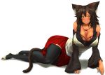  1girl animal_ears arm_support armband bare_shoulders blush breasts brown_hair cat_ears cat_tail cleavage dark_skin detached_sleeves fur highres huge_breasts jewelry long_hair looking_at_viewer lying miniskirt necklace on_side parted_lips pekoneko skirt smile solo tail thigh-highs yellow_eyes zettai_ryouiki 