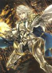  1boy alternate_costume armor cape fire_emblem fire_emblem_cipher fire_emblem_if glowing glowing_weapon looking_at_viewer male_focus my_unit_(fire_emblem_if) nintendo official_art pointy_ears red_eyes scan silver_hair solo spiky_hair sword 