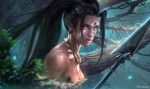  1girl black_hair branch breasts cleavage earrings jewelry league_of_legends looking_at_viewer necklace nidalee pointy_ears ross_tran solo spear tree tribal upper_body 