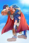  2boys armor blonde_hair blue_hair blue_shorts blush cape carrying closed_eyes crossover embarrassed fire_emblem greaves headband hug ike kiss lens_flare lucas male_focus mother_(series) multiple_boys neck_kiss nintendo shirt short_hair shorts shy standing striped striped_shirt super_smash_bros. surprised vambraces yaoi 