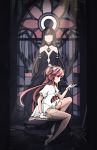  2girls akemi_homura akuma_homura dark_background double_quatrefoil feather gloves goddess_madoka high_heels kaname_madoka light lily_tran mahou_shoujo_madoka_magica mahou_shoujo_madoka_magica_movie multiple_girls pink_legwear sitting stained_glass white_dress white_gloves white_shoes window 