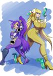  bayonetta bayonetta_(cosplay) blonde_hair blue_eyes bodysuit breasts cosplay curvy dragonmanx gun huge_breasts metroid ponytail purple_hair samus_aran shantae shantae_(character) weapon 