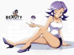  1girl beauty_(pokemon) grin high_heels long_legs npc_trainer poke_ball pokemon pokemon_(game) purple_hair sitting skirt smile violet_eyes vivivoovoo wink 