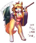  1girl artist_request blue_eyes breasts female fox full_body furry one_eye_closed open_mouth orange_hair short_hair solo sword white_background 