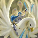 1girl armor bird blue_hair fire_emblem fire_emblem_if lance polearm ponytail rubicho scar solo violet_eyes weapon yuugiri_(fire_emblem_if) 