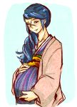  1girl blue_hair fire_emblem fire_emblem_if ponytail pregnant scar simple_background smile solo source_request violet_eyes yukata yuugiri_(fire_emblem_if) 