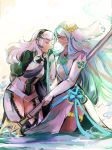  2girls aqua_(fire_emblem_if) armor blue_hair cape fire_emblem fire_emblem_if hairband multiple_girls my_unit_(fire_emblem_if) nintendo partially_submerged silver_hair spear thigh_strap veil verifying water yuri 