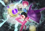  1girl boots breasts cleavage dagger earrings fur harold_berselius jewelry lightning lips magic one_eye_closed open_mouth pink_hair short_hair shorts staff tales_of_(series) tales_of_destiny_2 thigh_boots violet_eyes weapon wink 