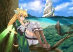  1girl blonde_hair blush boots braid breasts cleavage fairy_wings female forest green_eyes hair_ornament large_breasts leafa long_hair nature ono_kono_to ponytail shiny shorts smile solo sword_art_online tree twin_braids very_long_hair wings 