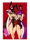  2girls animal_ears aori_(splatoon) armpits arms_up ass blush bow bowtie breasts bunny_tail cleavage detached_collar inkling leotard looking_at_viewer looking_back multiple_girls nintendo nitronic purple_hair rabbit_ears smile splatoon tail tentacle_hair 