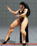  1girl alternate_costume alternate_hairstyle animated animated_gif bare_legs black_dress black_hair braid breasts capcom china_dress chinese chinese_clothes chun-li cleavage dress female large_breasts legs long_hair long_legs nail_polish pose solo spiked_bracelet street_fighter street_fighter_v thick_thighs 