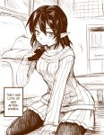 1girl bed black_hair black_legwear box chaigidhiell collarbone hard_translated heart long_sleeves looking_at_viewer monochrome no_hat pantyhose pillow pointy_ears ribbed_sweater shameimaru_aya short_hair sitting sketch skirt smile solo sweater they_had_lots_of_sex_afterwards touhou translated 