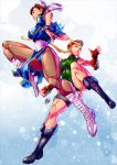 2girls bangs beret black_boots blonde_hair boots braid breasts brown_hair bun_cover cammy_white capcom carlos_javier chinese_clothes chun-li double_bun hat knee_boots leotard multiple_girls muscle pantyhose puffy_short_sleeves puffy_sleeves sash short_sleeves sleeveless street_fighter thick_thighs twin_braids white_boots 