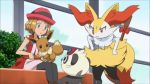  anger animated animated_gif aqua_eyes blonde_hair braixen eevee hat pancham pokemon pokemon_(anime) serena_(pokemon) sitting thigh-highs 