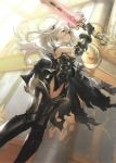  1girl alternate_costume armor cape fire_emblem fire_emblem_cipher fire_emblem_if glowing glowing_weapon hairband long_hair looking_at_viewer my_unit_(fire_emblem_if) nintendo official_art pointy_ears red_eyes scan silver_hair solo sword 